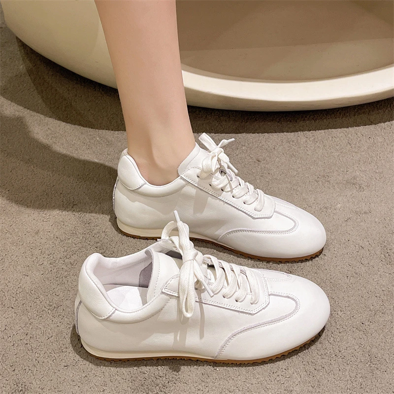 头层牛皮德训鞋小白鞋女2024秋季百搭休闲运动红色系带阿甘板鞋子