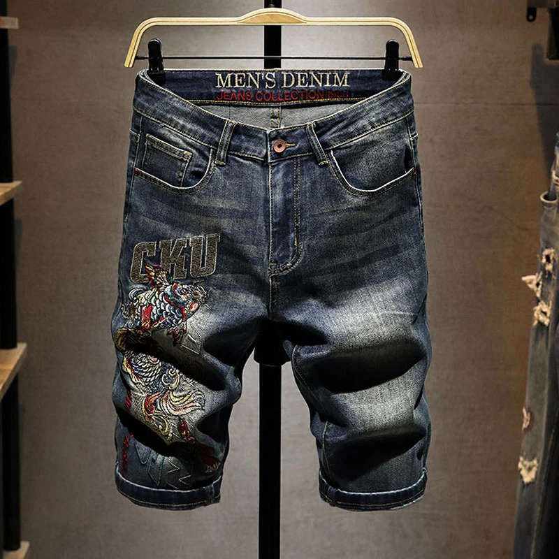 （锦鲤鱼跃）潮流薄款锦鲤刺绣牛仔短裤五分裤直筒复古弹力七分国潮