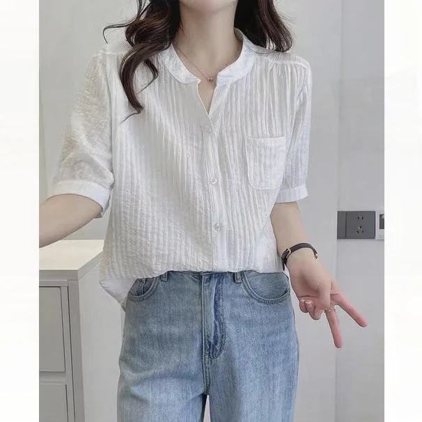 宽松短袖衬衫女新款夏季气质上衣宽松显瘦遮肉百搭减龄纯色衬衣女