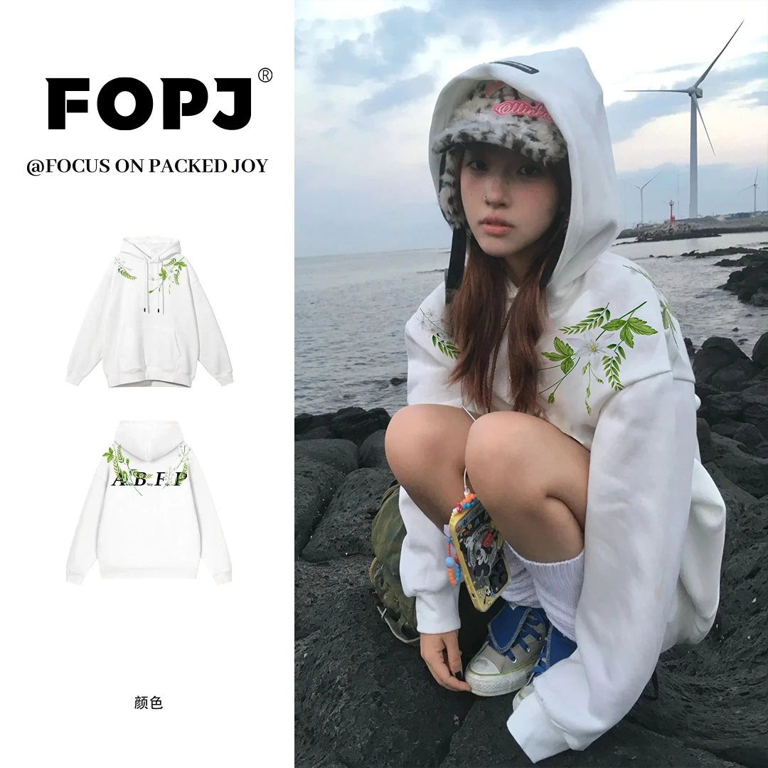 FOPJ连帽衫白色卫衣女春秋季宽松潮流印花雅丹风时尚加绒加厚外套