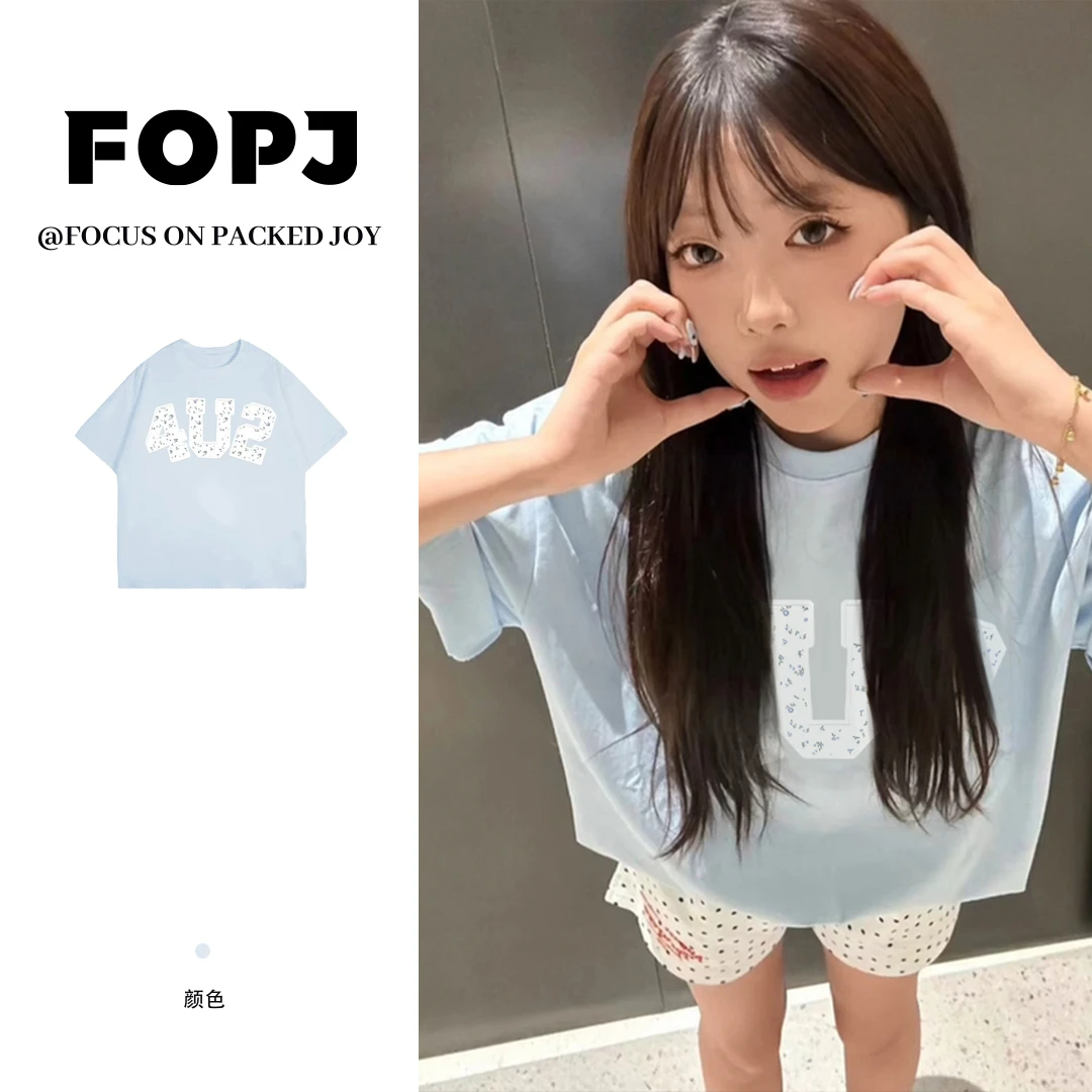 FOPJ重磅硬挺纯棉夏季圆领宽松短袖t恤女休闲时尚字母印花新款ins
