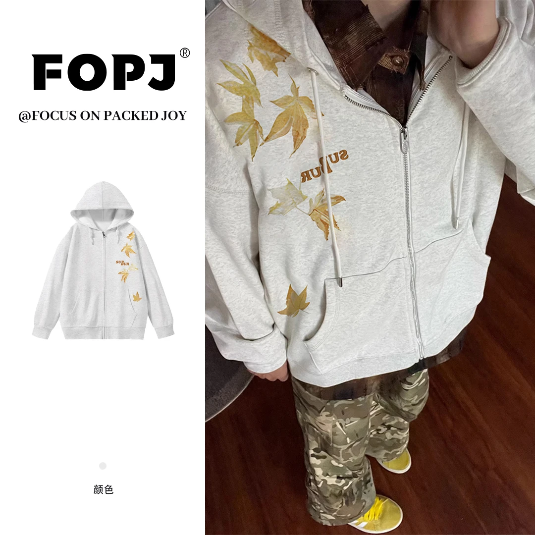 FOPJ潮流雅丹风连帽衫卫衣女美式春秋季加绒加厚时尚高街印花外套