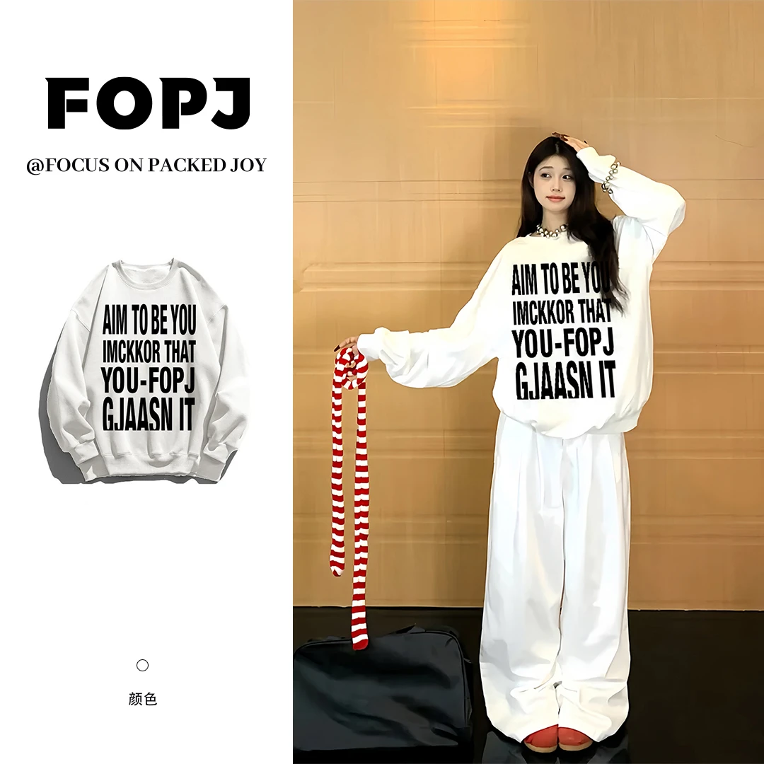 FOPJ重磅国潮字母套头圆领卫衣女学院风春秋加绒加厚宽松白色爆款