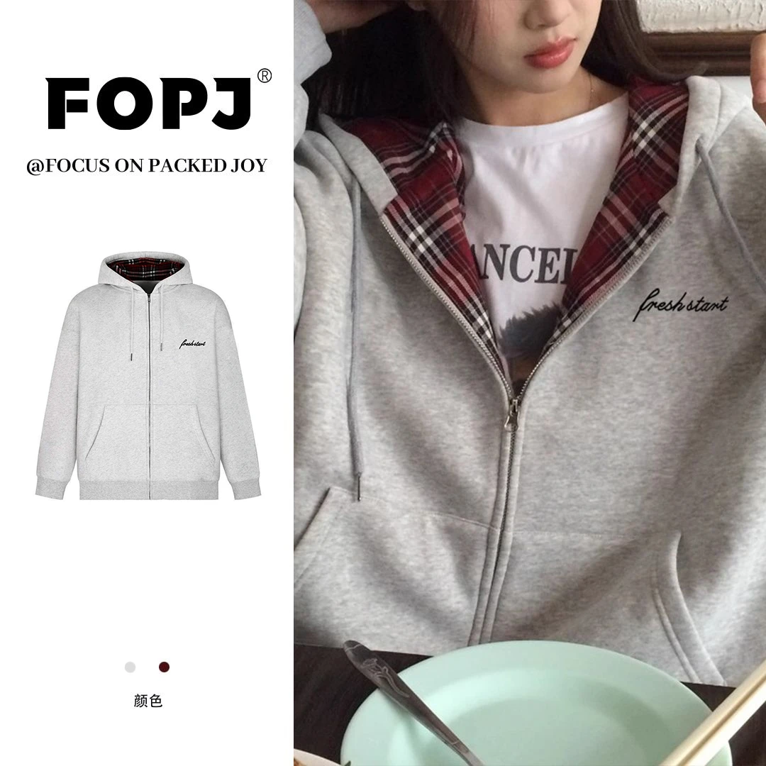 FOPJ春秋季学院风格子花灰拼红字母印花连帽卫衣加绒加厚学生休闲