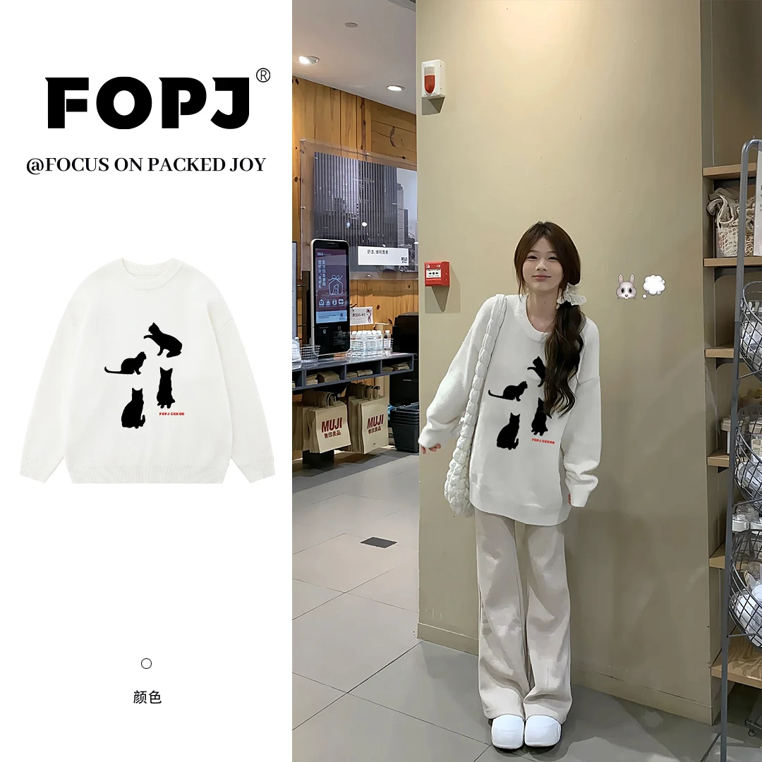 FOPJ春秋时尚长袖圆领毛衣女宽松时尚卡通印花设计感套头减龄外套