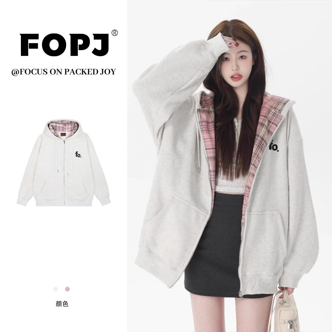 FOPJ宽松休闲银狐绒双层连帽卫衣女oversize加绒加厚印花白灰拼粉