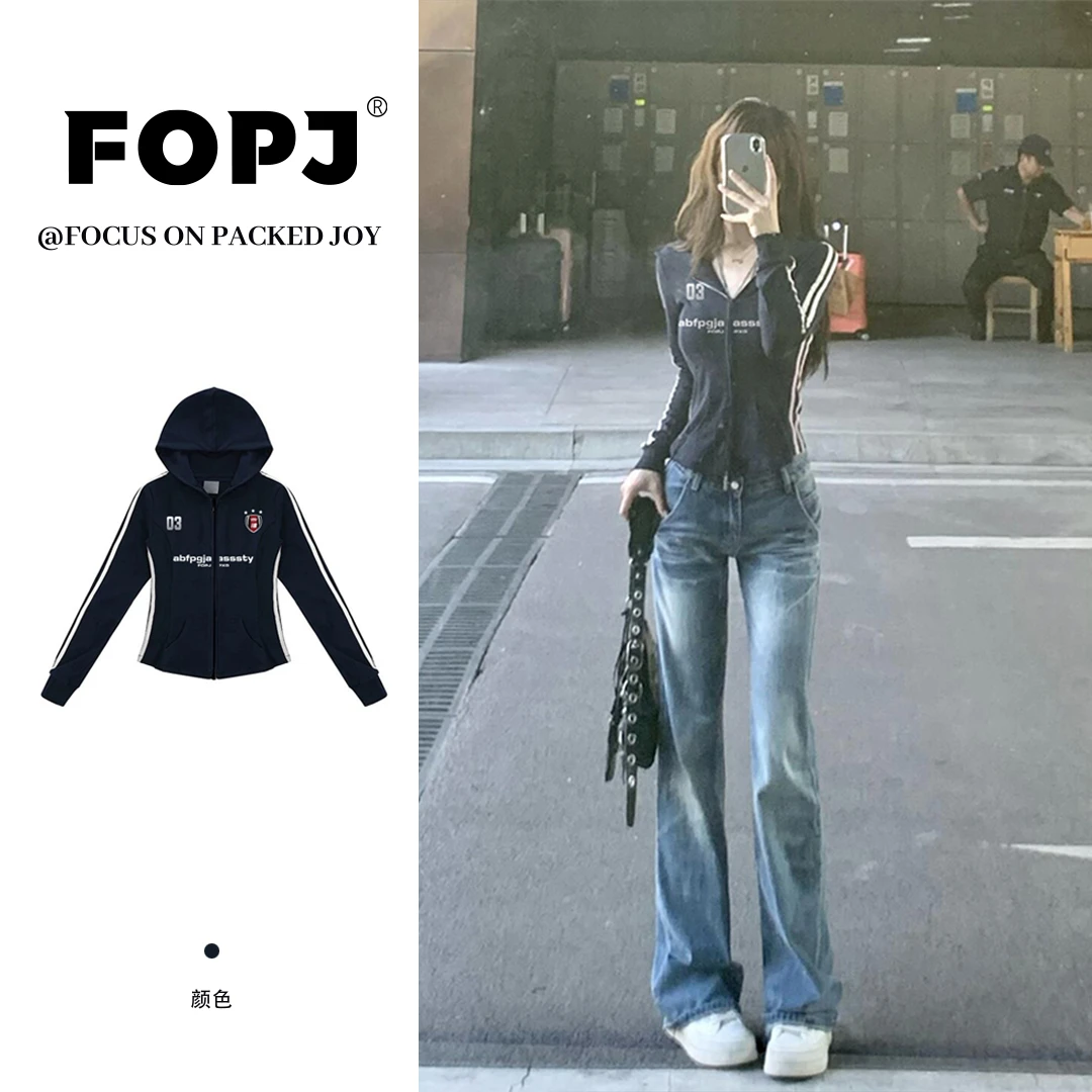 FOPJ美式春秋辣妹连帽开衫修身卫衣女显瘦潮流印花设计感拉链外套