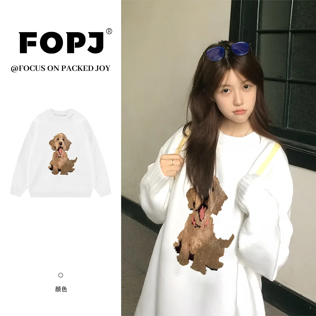 FOPJ韩版春秋长袖宽松时尚印花圆领套头毛衣女加绒设计感休闲上衣