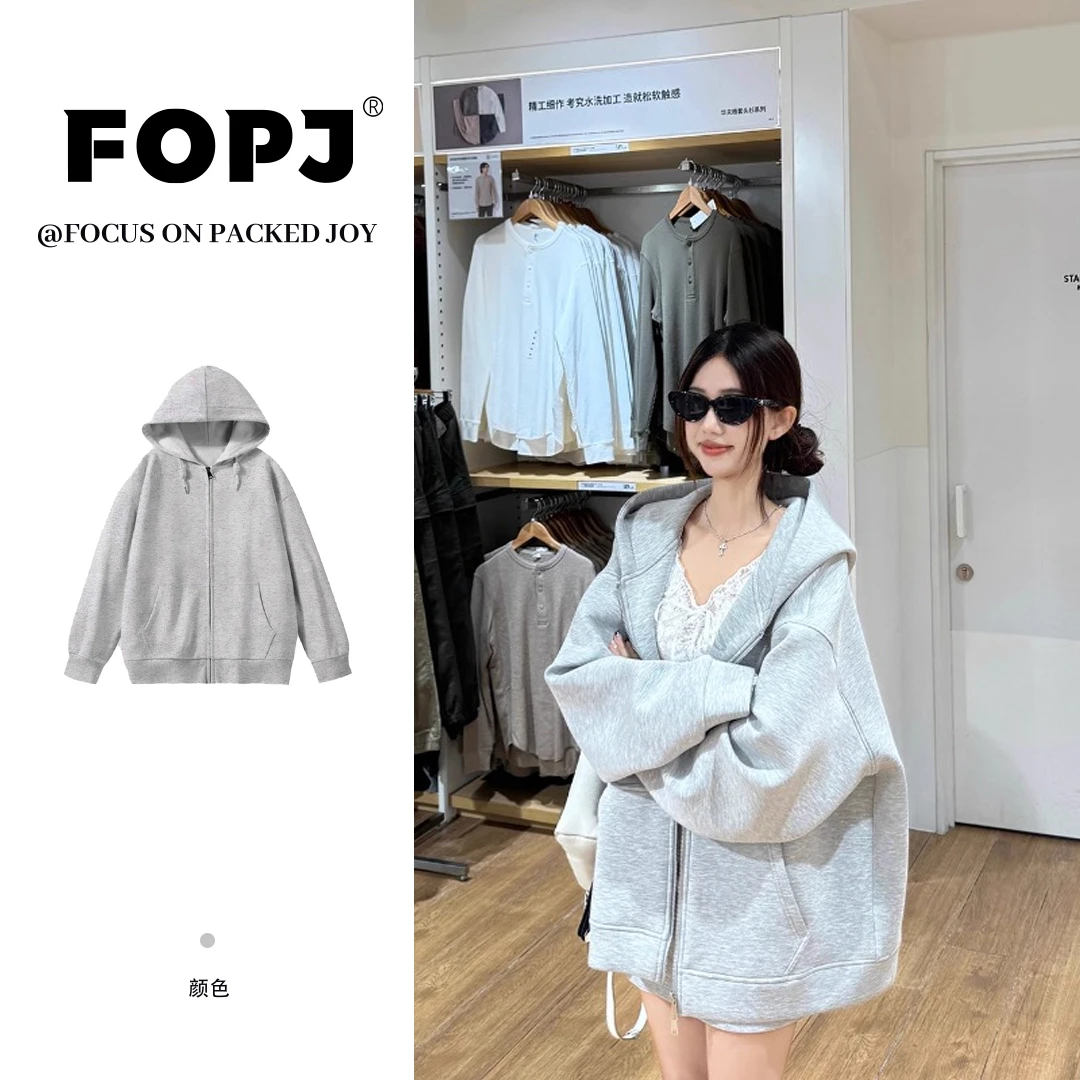 FOPJ网红春秋连帽开衫卫衣女纯色时尚休闲宽松加绒设计感拉链外套