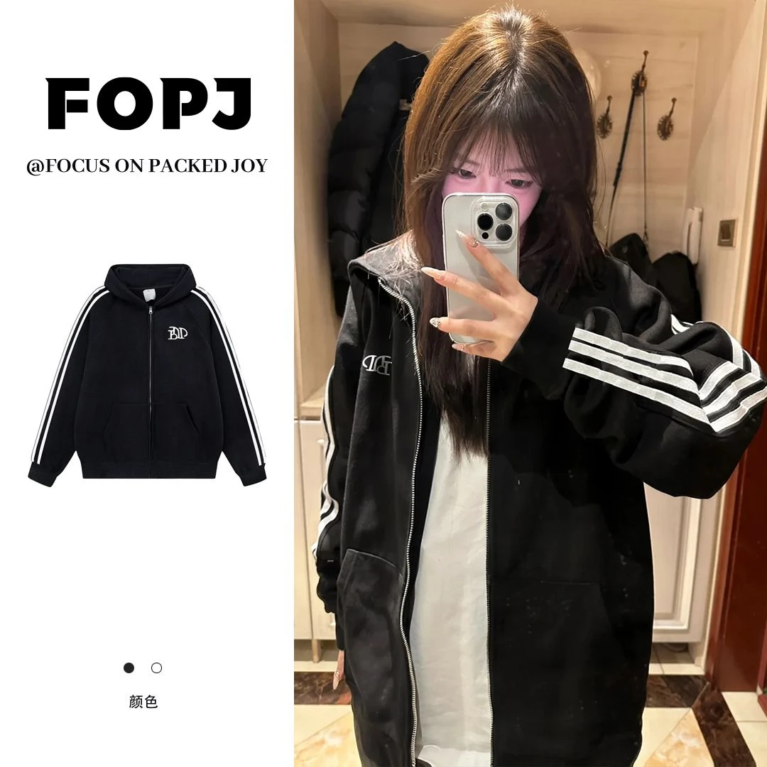 FOPJ春秋重磅时尚国潮字母印花连帽加绒卫衣拼接格子校园风外套杉