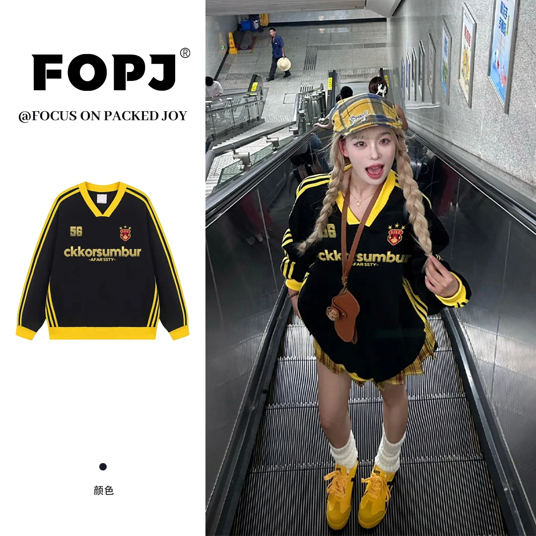 FOPJ时尚潮流印花V领套头卫衣女学生春秋宽松长袖薄款无帽外套ins