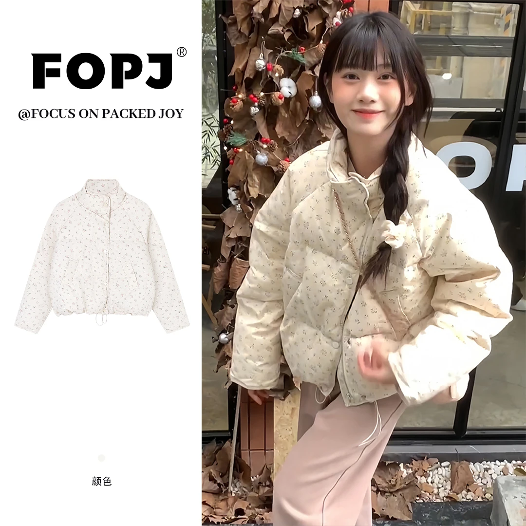 FOPJ新款2025立领棉服女碎花时尚春秋季长袖短款宽松加厚保暖外套