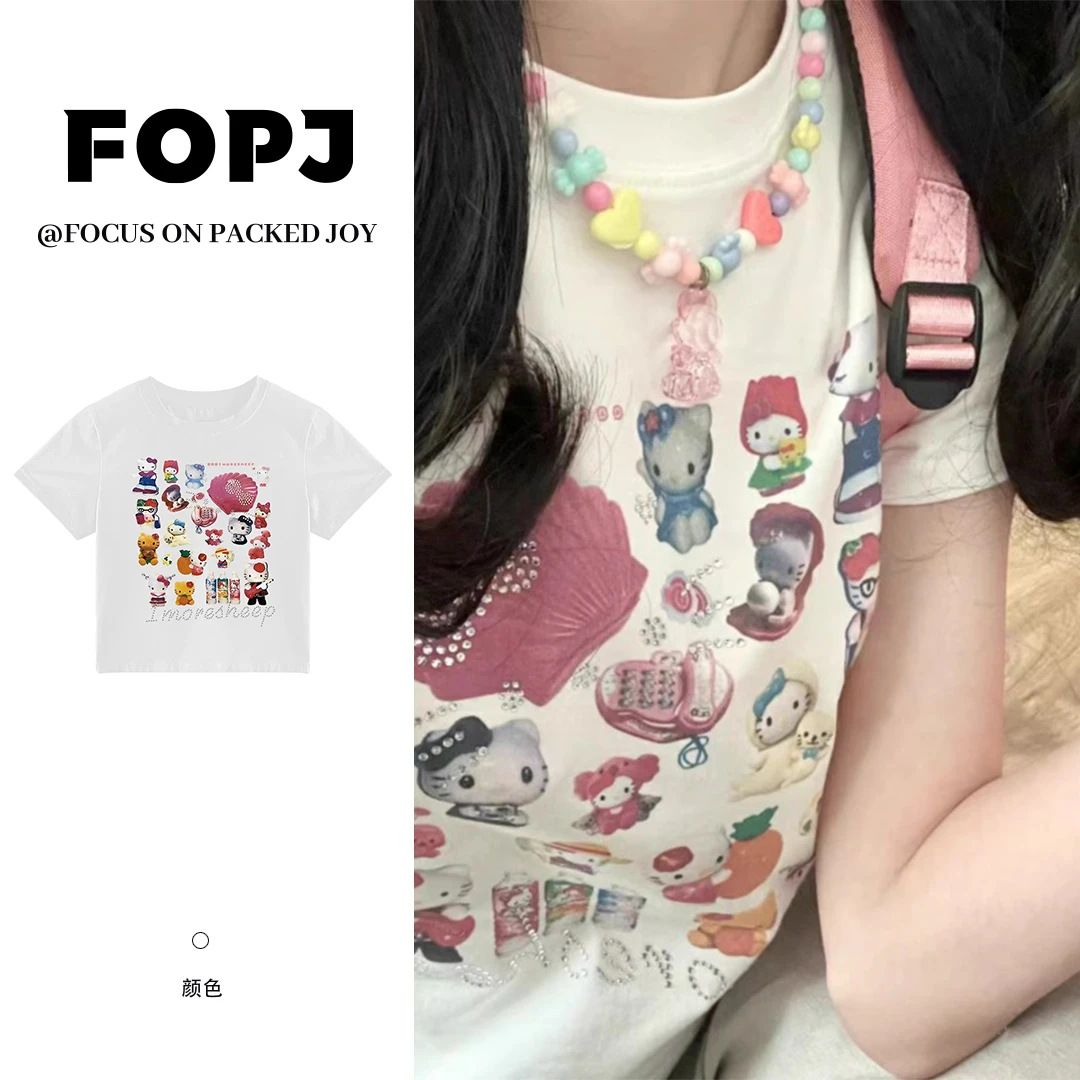 FOPJ重磅精梳棉正肩短袖t恤女白灰卡通猫咪印花圆领修身上衣夏季