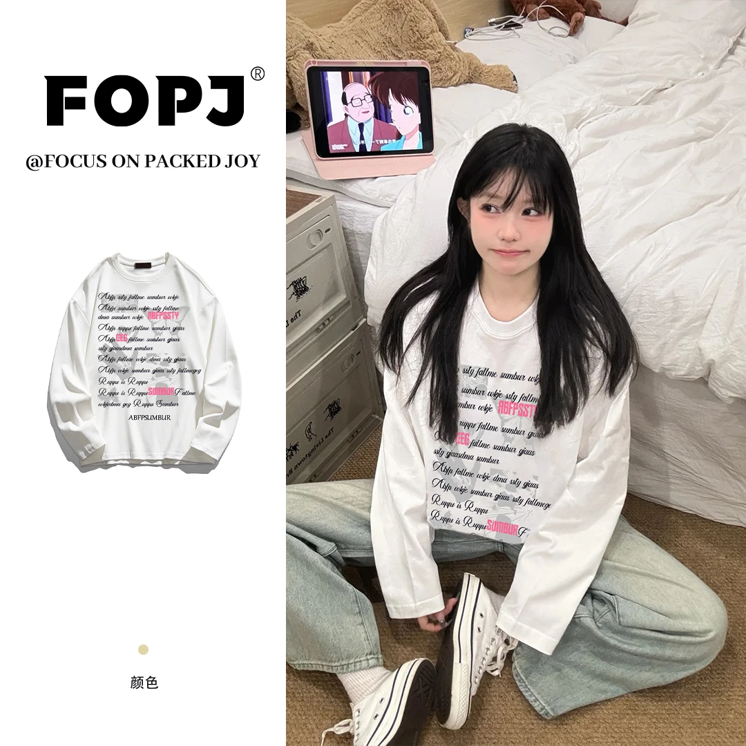FOPJ雅丹风重磅硬挺纯棉长袖t恤女春秋宽松时尚潮流印花圆领上衣
