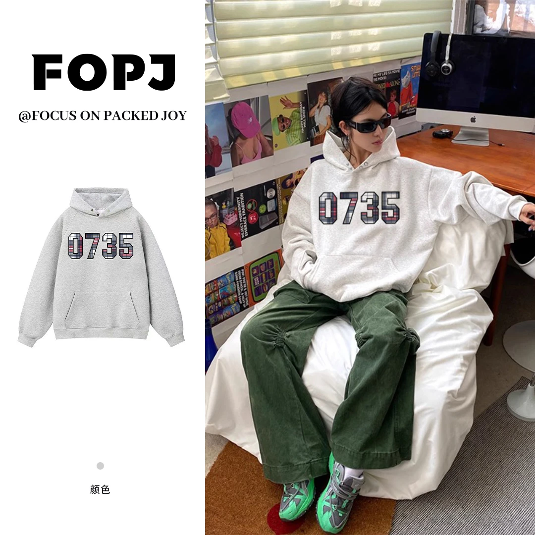 FOPJ复古重磅银狐绒长袖潮流春秋宽松纽扣连帽加绒反季白灰色上衣