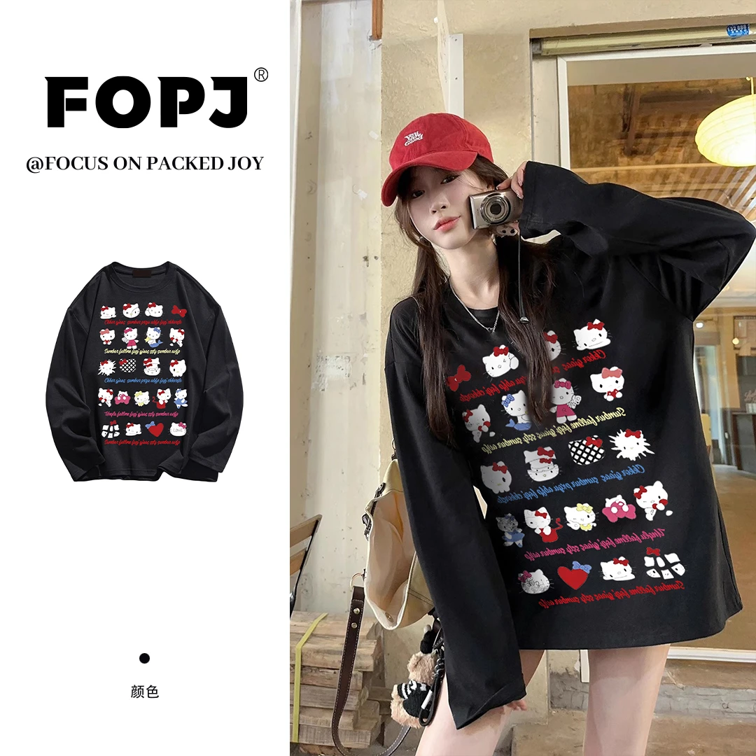 FOPJ春秋季重磅硬挺纯棉宽松长袖t恤女卡通印花圆领时尚套头上衣