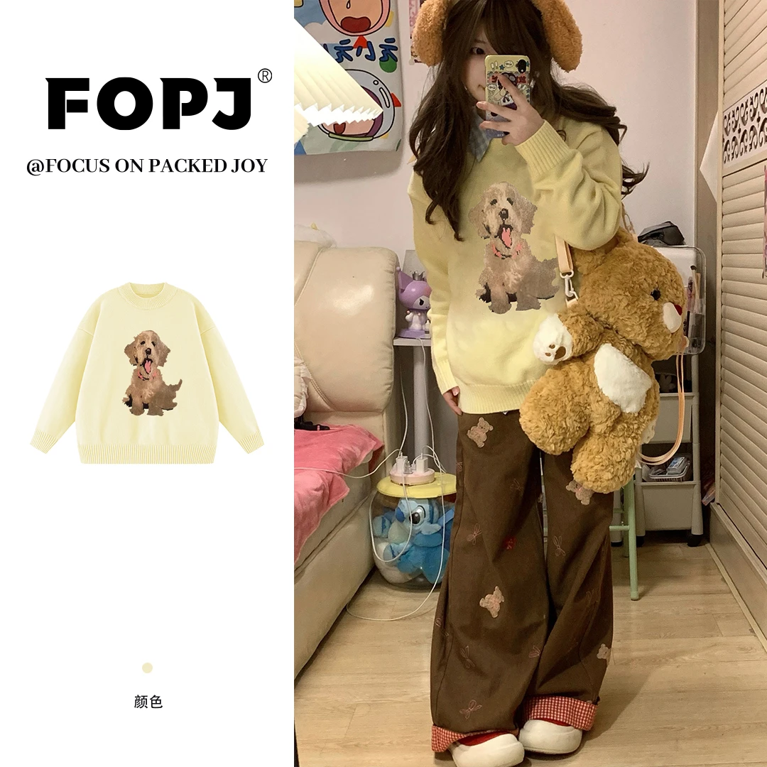 FOPJ慵懒风打底衫圆领毛衣女春秋季时尚潮流印花长袖宽松套头上衣