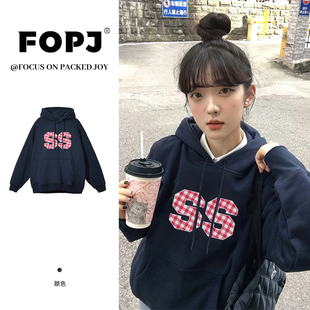 FOPJ雅丹风学生连帽衫卫衣女春秋季潮流时尚印花宽松加绒长袖外套