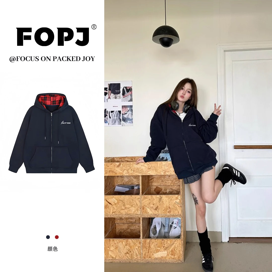 FOPJ美式2025复古印花格纹连帽开衫卫衣女春秋季加绒宽松拉链外套