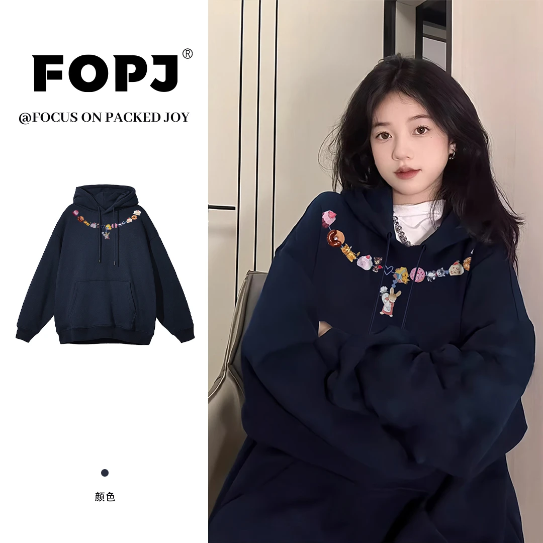 FOPJ慵懒风复古长袖连帽衫卫衣女春秋季加绒加厚卡通印花宽松外套
