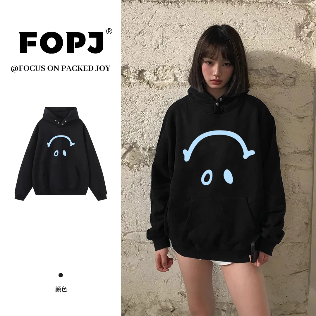 FOPJ雅丹风春秋季连帽衫卫衣女学生时尚潮流印花黑色加绒加厚外套