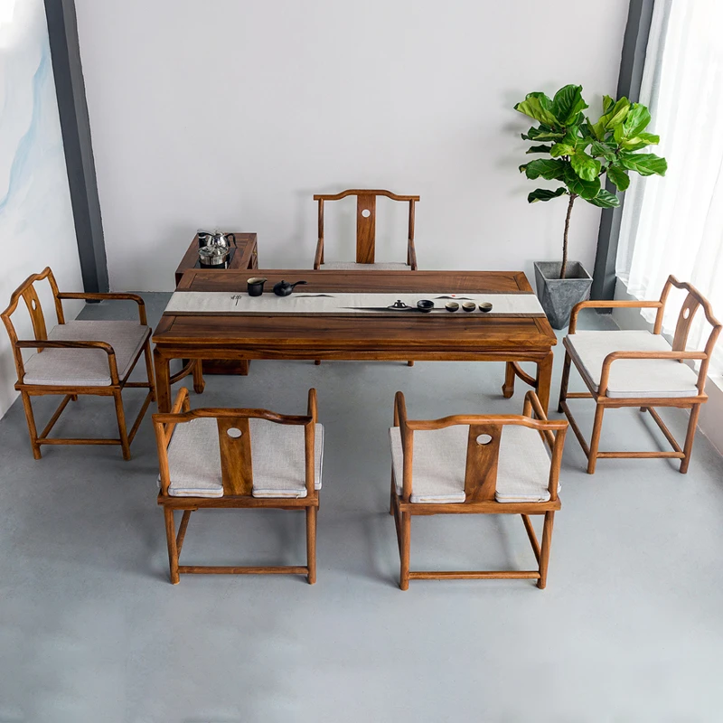 实木南美胡桃木马蹄桌大板茶桌茶台办公茶室茶几简约椅子组合原木