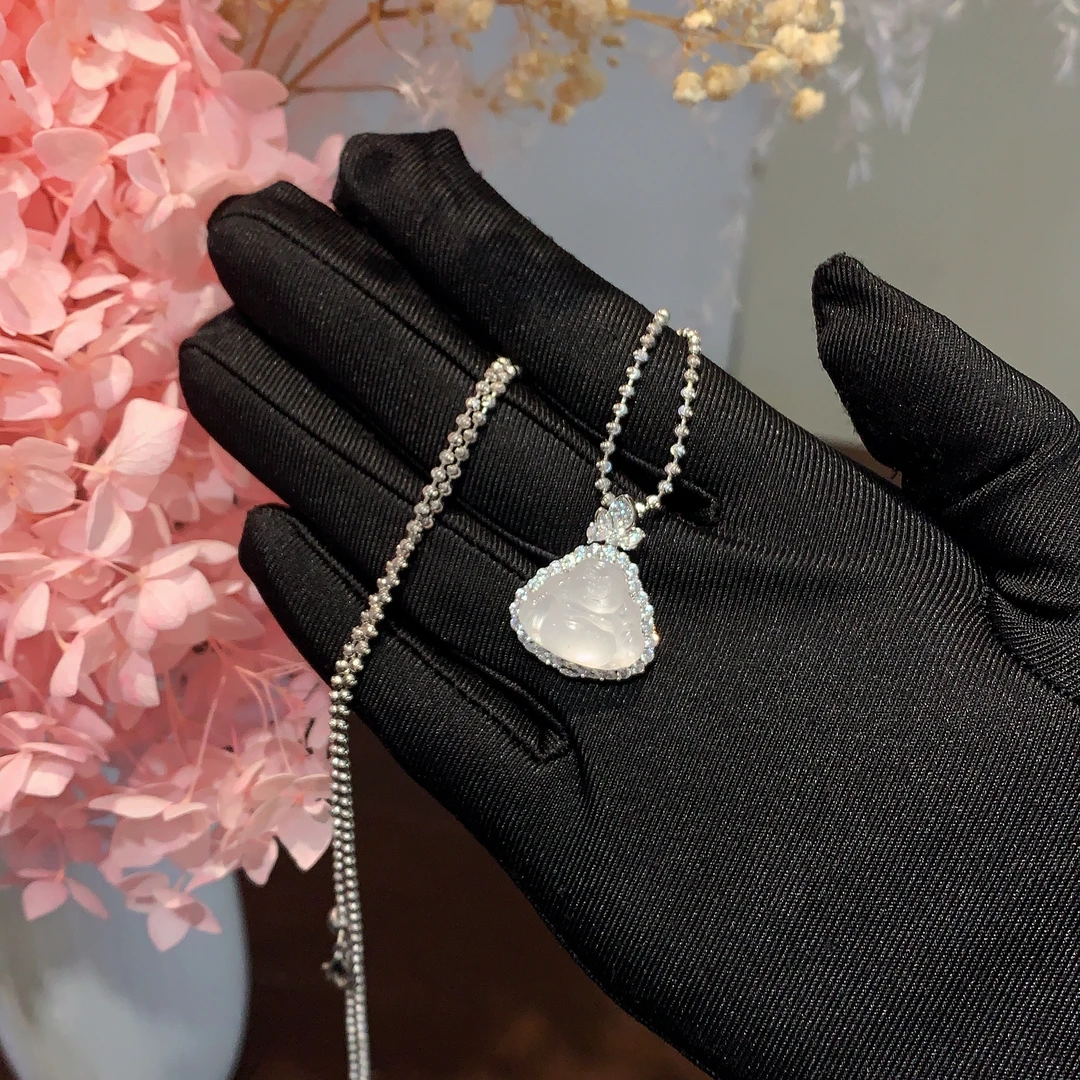 s925银镶嵌石英质玉迷你佛公吊坠天然白冰小众玉石弥勒佛时尚挂件