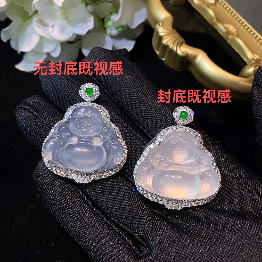 天然白冰玉石弥勒佛挂件S925银镶嵌石英质玉佛公吊坠时尚气质珠宝