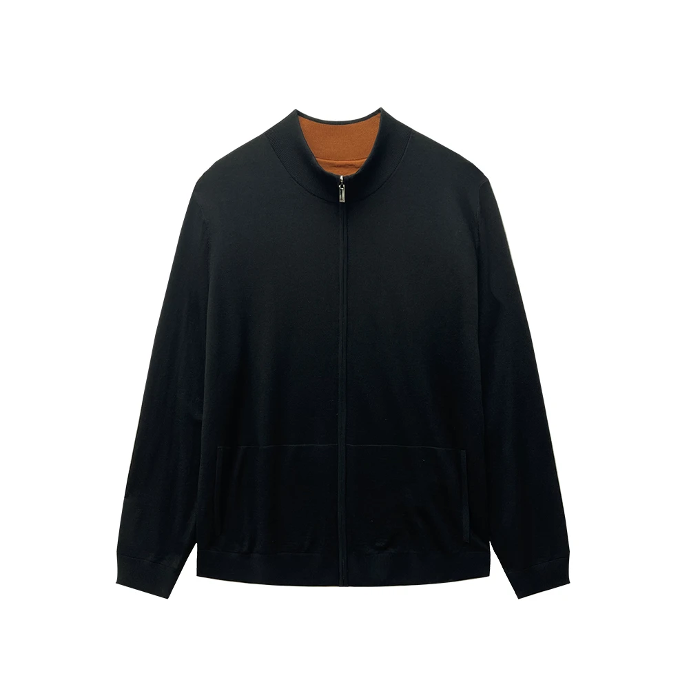 Dite迪特2025年男士新款长袖针织双面穿休闲黑色羊绒立领羊毛开衫