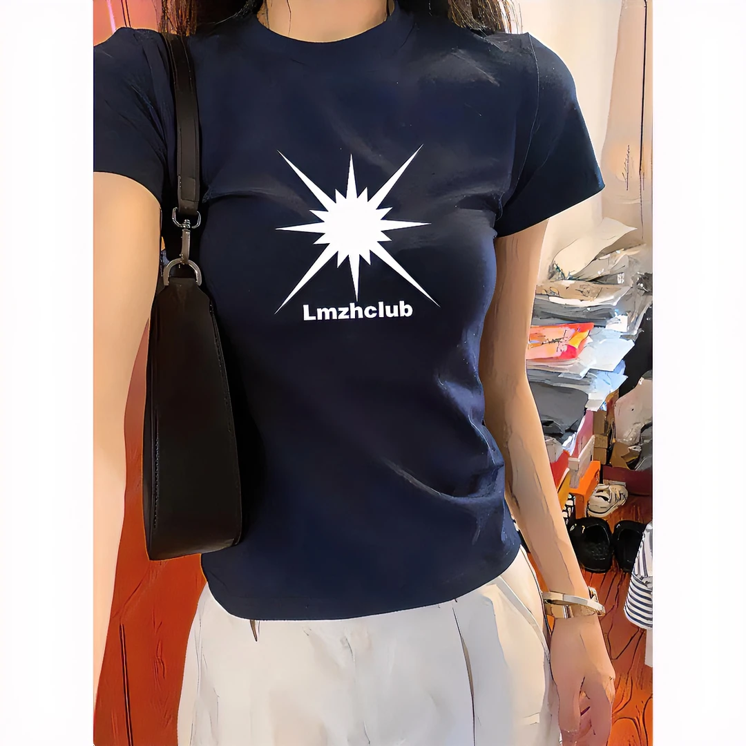 印花正肩短袖t恤女微胖2025新款爆款修身辣妹显瘦短款上衣不露脐