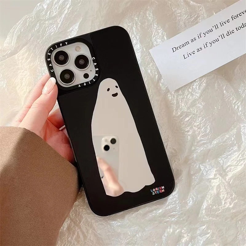 黑白波点小鬼幽灵适用苹果14Pro/13pm手机壳情侣iPhone12镜面大孔