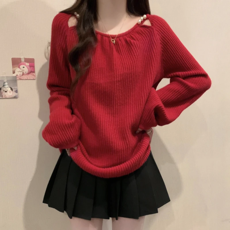 大码串珠镂空法式长袖针织衫女秋冬胖妹妹遮肚子藏肉宽松打底毛衣