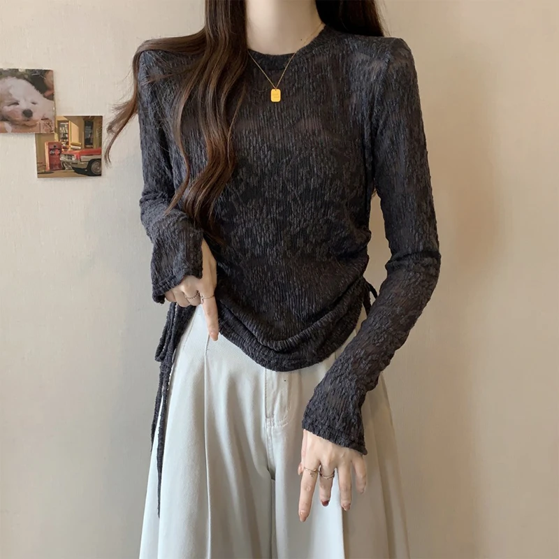 秋冬大码打底衫内搭上衣女胖妹妹修身气质显瘦抽绳提花设计感t恤