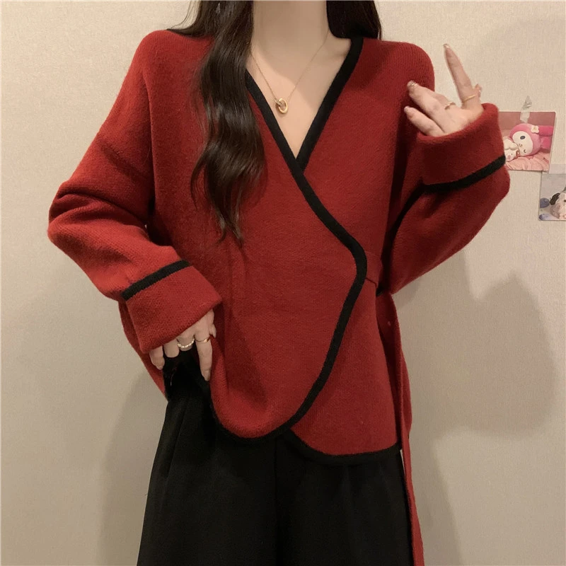 大码法式不规则系带v领针织开衫女秋冬胖妹妹遮肚子显瘦宽松外套