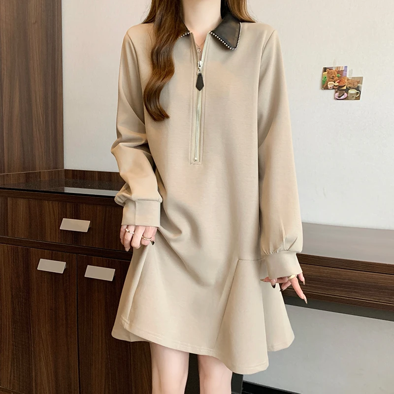 法式复古polo皮领半拉链大码连衣裙女秋冬胖mm遮肚子显瘦百搭裙子