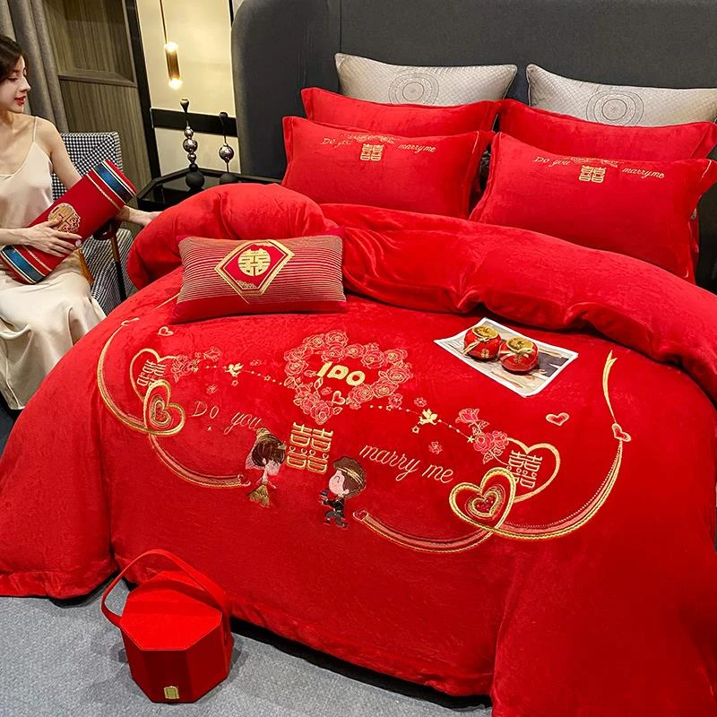 新款牛奶绒刺绣加厚保暖大红色婚庆床上用品四件套结婚陪嫁送礼