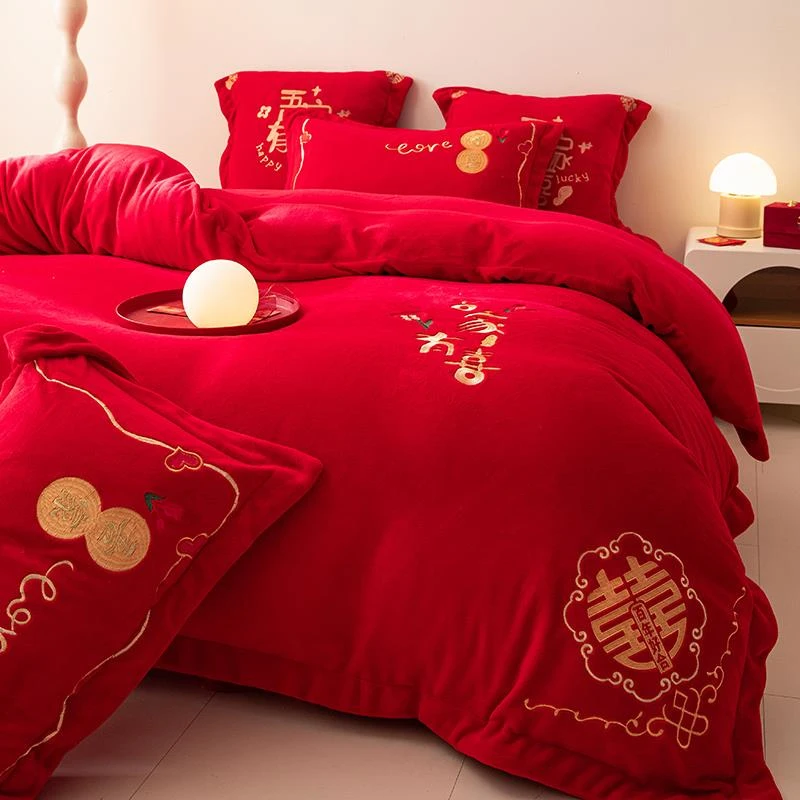 牛奶绒结婚四件套冬季珊瑚绒红色婚庆床上用品加厚喜庆被套床单4