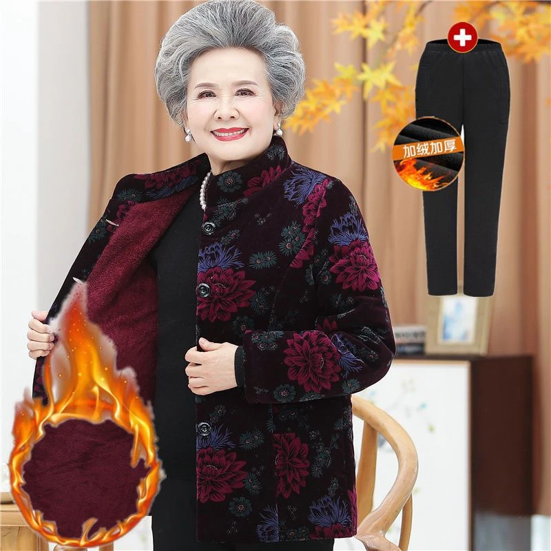 奶奶装加绒加棉棉衣老年人冬装女加厚棉服老太太灯芯绒棉袄60岁