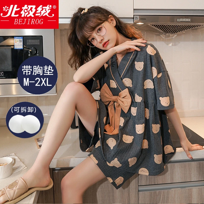 带胸垫和服睡衣女夏季可爱日式纯棉短袖家居服汗蒸服薄款浴衣套装