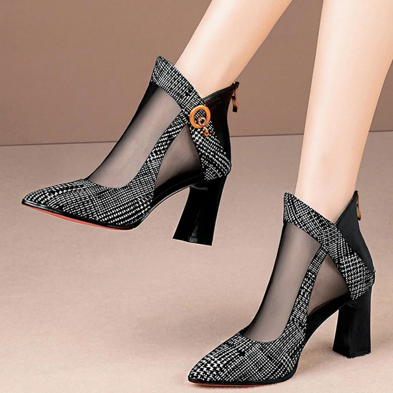 爆款~34-40码2025年春夏季新款韩版尖头粗跟女网靴高跟后拉链女靴
