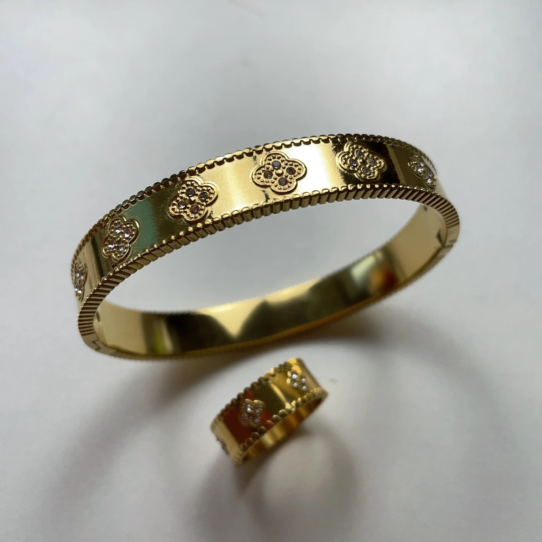 钛钢合成锆石手镯 轻奢小众宽版万花筒手镯（送同款戒指）0728.