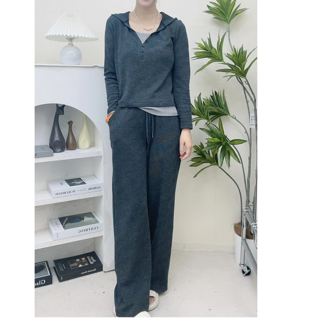 2023韩版秋新款休闲显瘦连帽针织上衣+阔腿裤运动两件套纯色套装