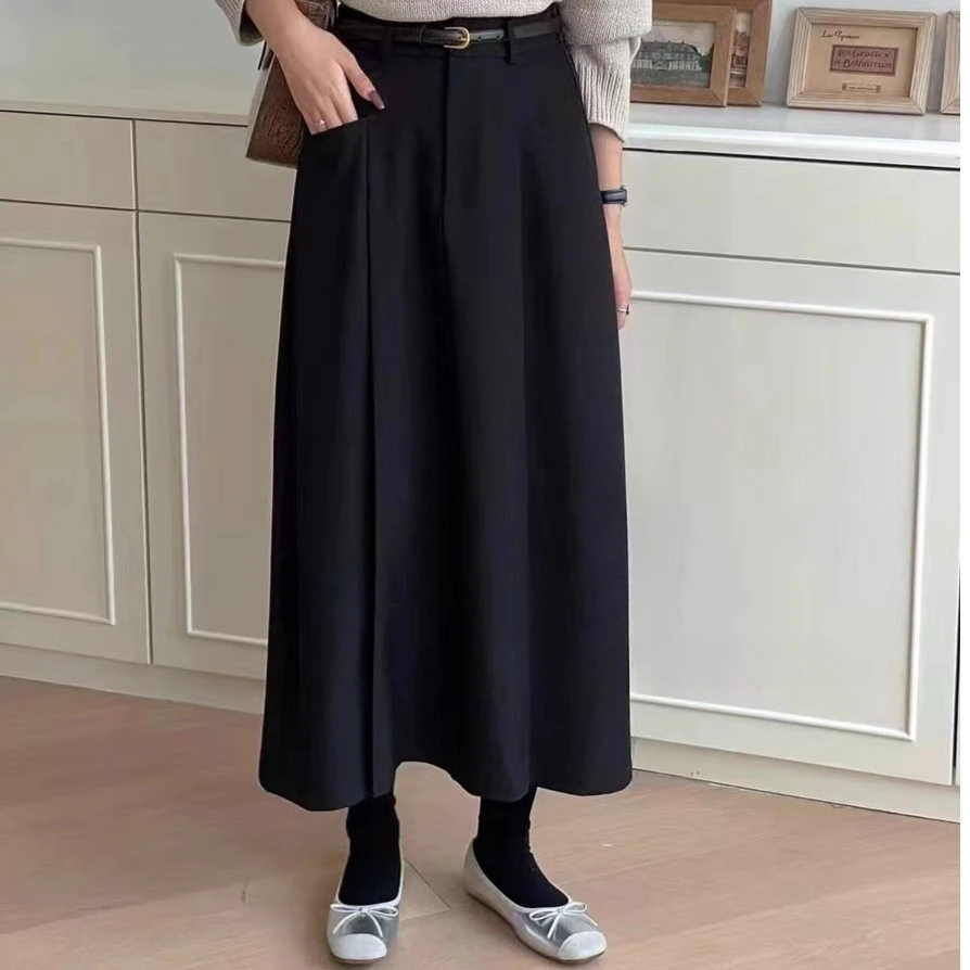 高腰复古遮胯半身裙女秋款口袋设计A字中长裙西装裙百褶伞裙子