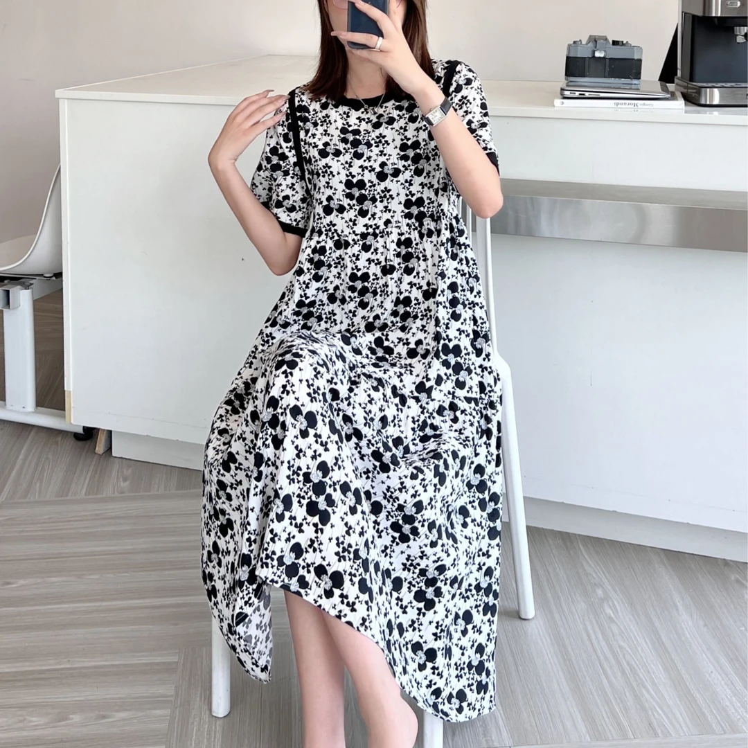 2025夏季新款绵绸腰绳拼接碎花显瘦时尚百搭休闲通勤连衣裙7098