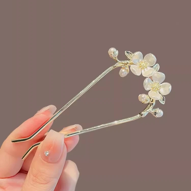 新款山茶花U形发簪女古风高级感后脑勺盘发金属簪子汉服头饰