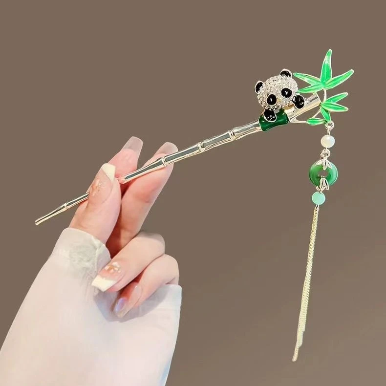 可爱熊猫竹子流苏发簪女古风步摇日常盘发簪子小众高级感汉服配饰