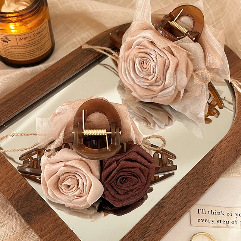 干枯玫瑰花朵抓夹女后脑勺大号发夹头饰鲨鱼夹2024新款高级感夹子