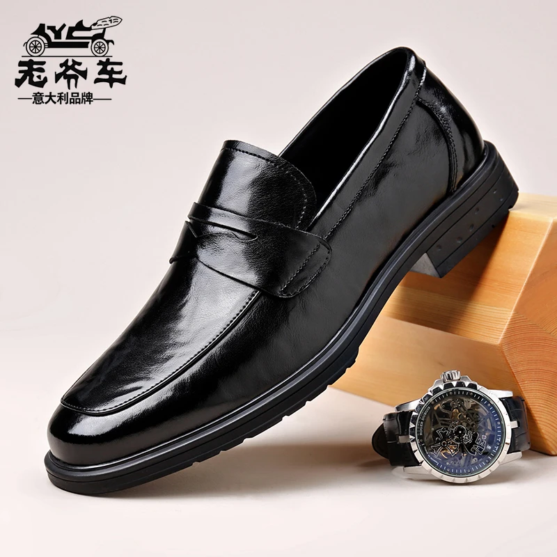 老爷车男士皮鞋2024新款真皮英伦商务休闲鞋软底透气黑色套脚男鞋