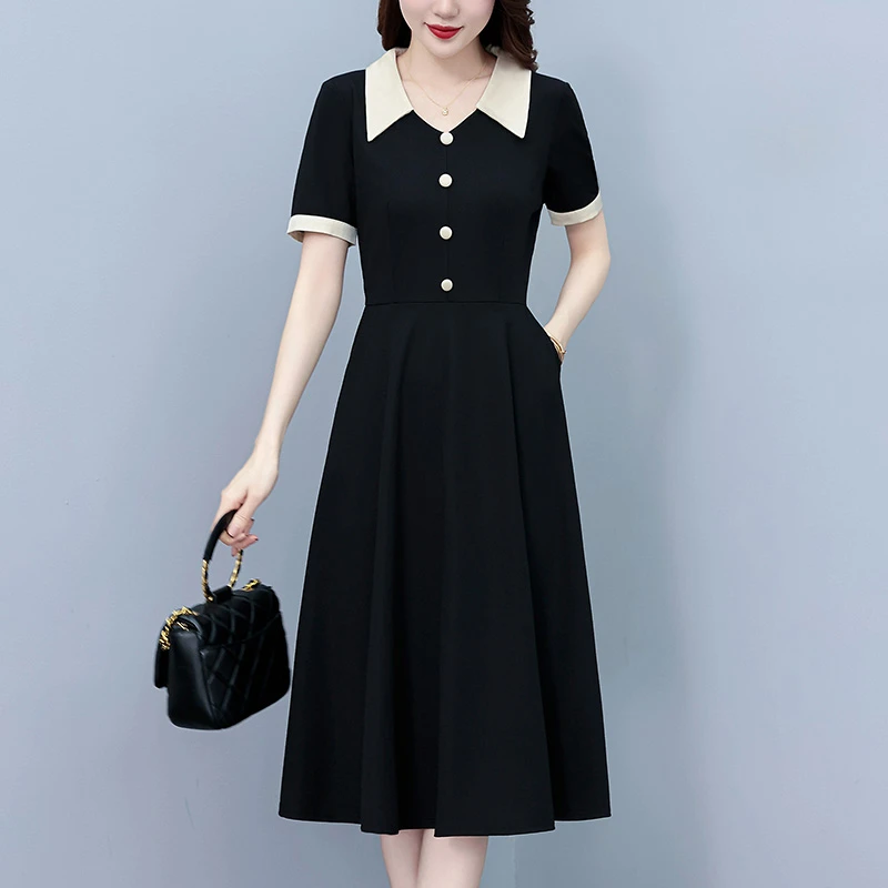 职场气质显瘦修身中长款洋气大码女装黑色短袖连衣裙子女式阔太太