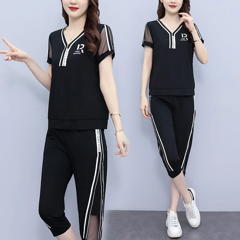 休闲运动套装女2025夏新款胖mm时尚减龄显瘦v领上衣七分裤两件套